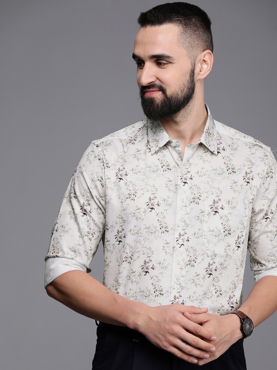 

Louis Philippe Pure Cotton Slim Fit Floral Opaque Printed Formal Shirt, Cream