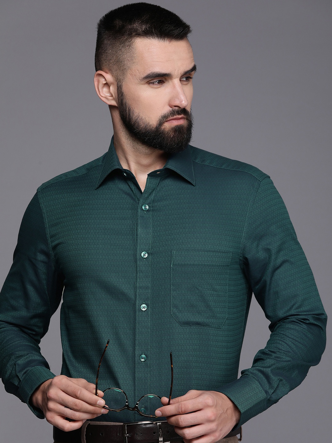 

Louis Philippe Pure Cotton Classic Fit Opaque Self Design Formal Shirt, Teal