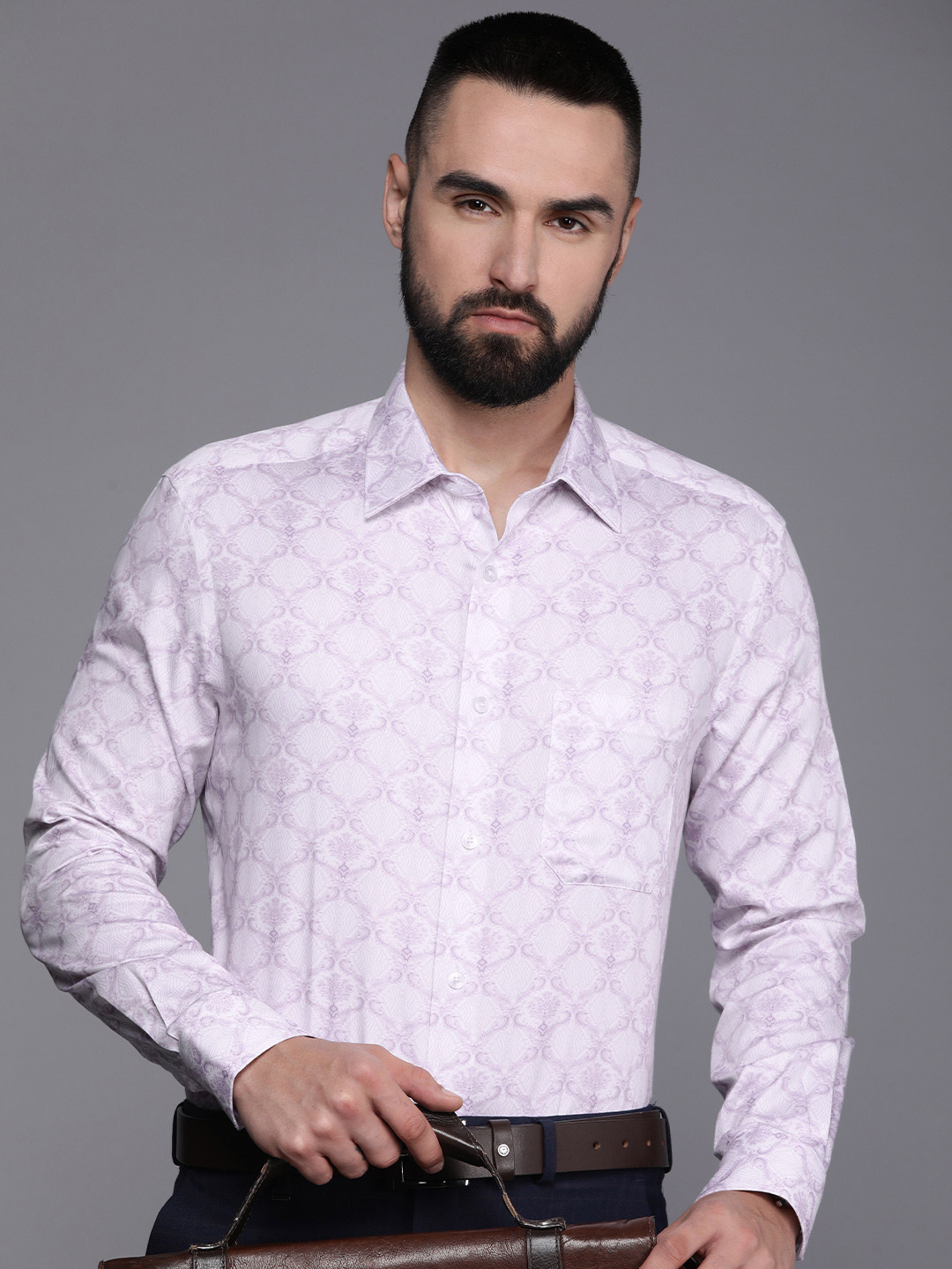 

Louis Philippe Classic Fit Ethnic Motifs Printed Pure Cotton Formal Shirt, Lavender