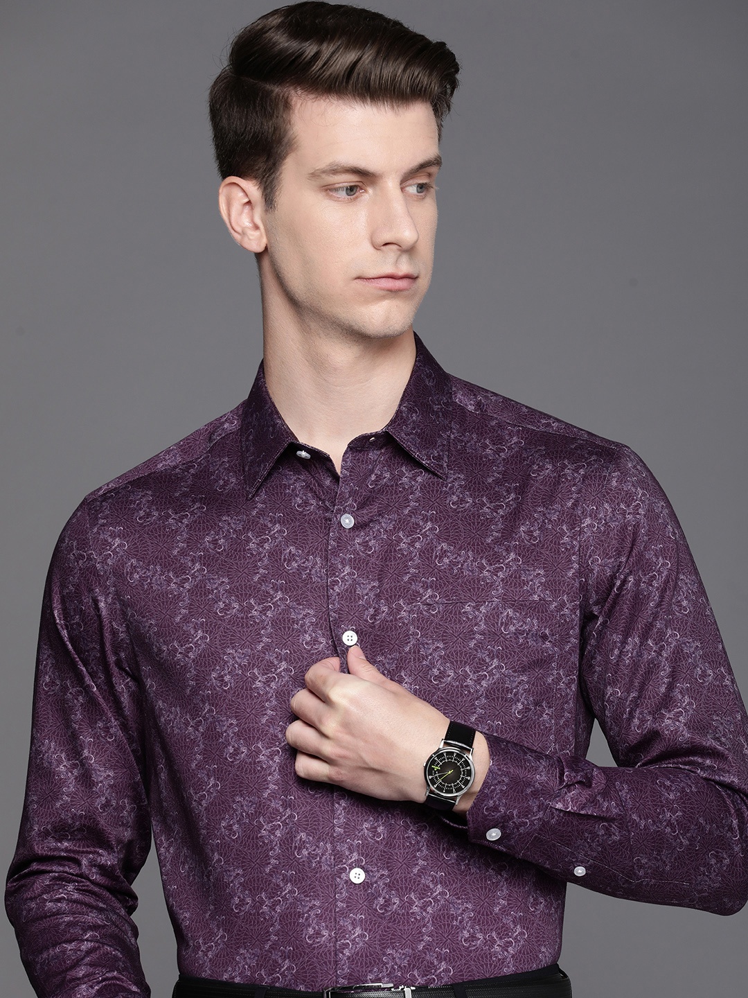 

Louis Philippe Classic Fit Ethnic Motifs Printed Pure Cotton Formal Shirt, Purple