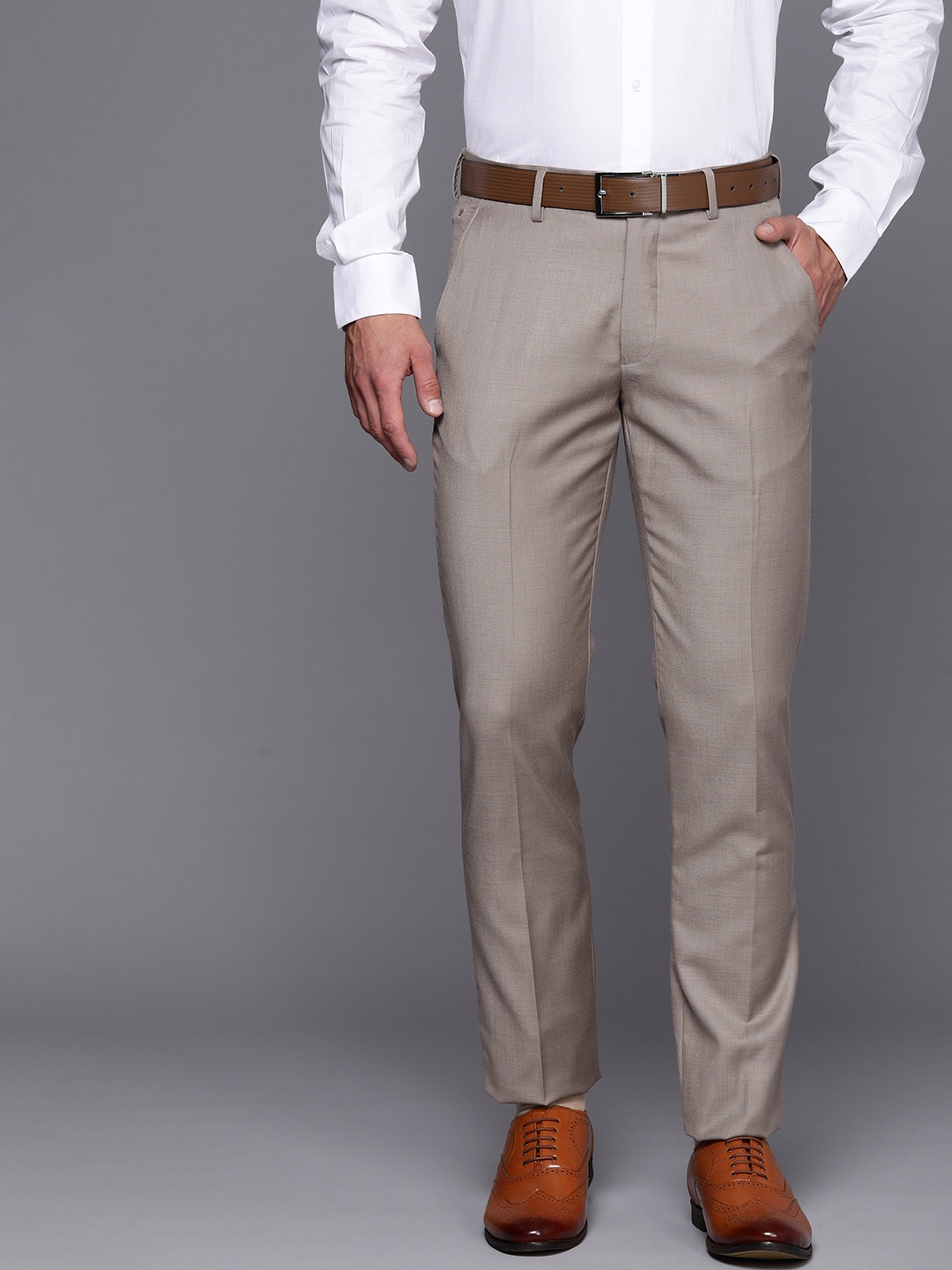 

Louis Philippe Men Checked Super Slim Fit Formal Trousers, Beige