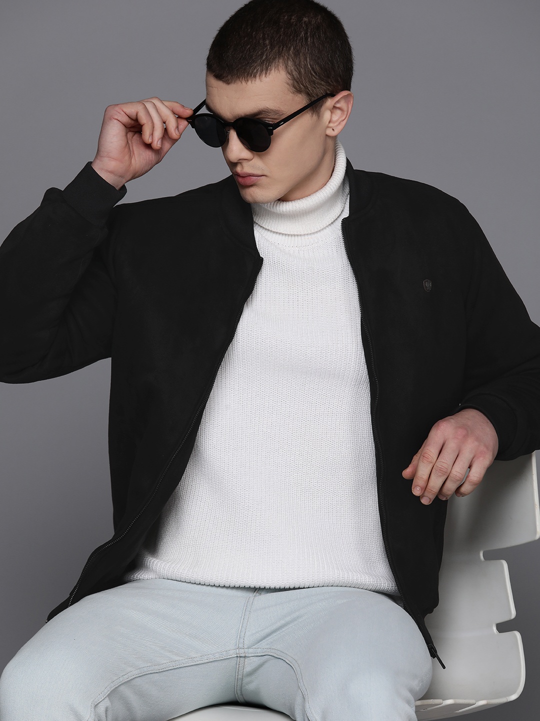 

Louis Philippe Men Solid Bomber Jacket, Black
