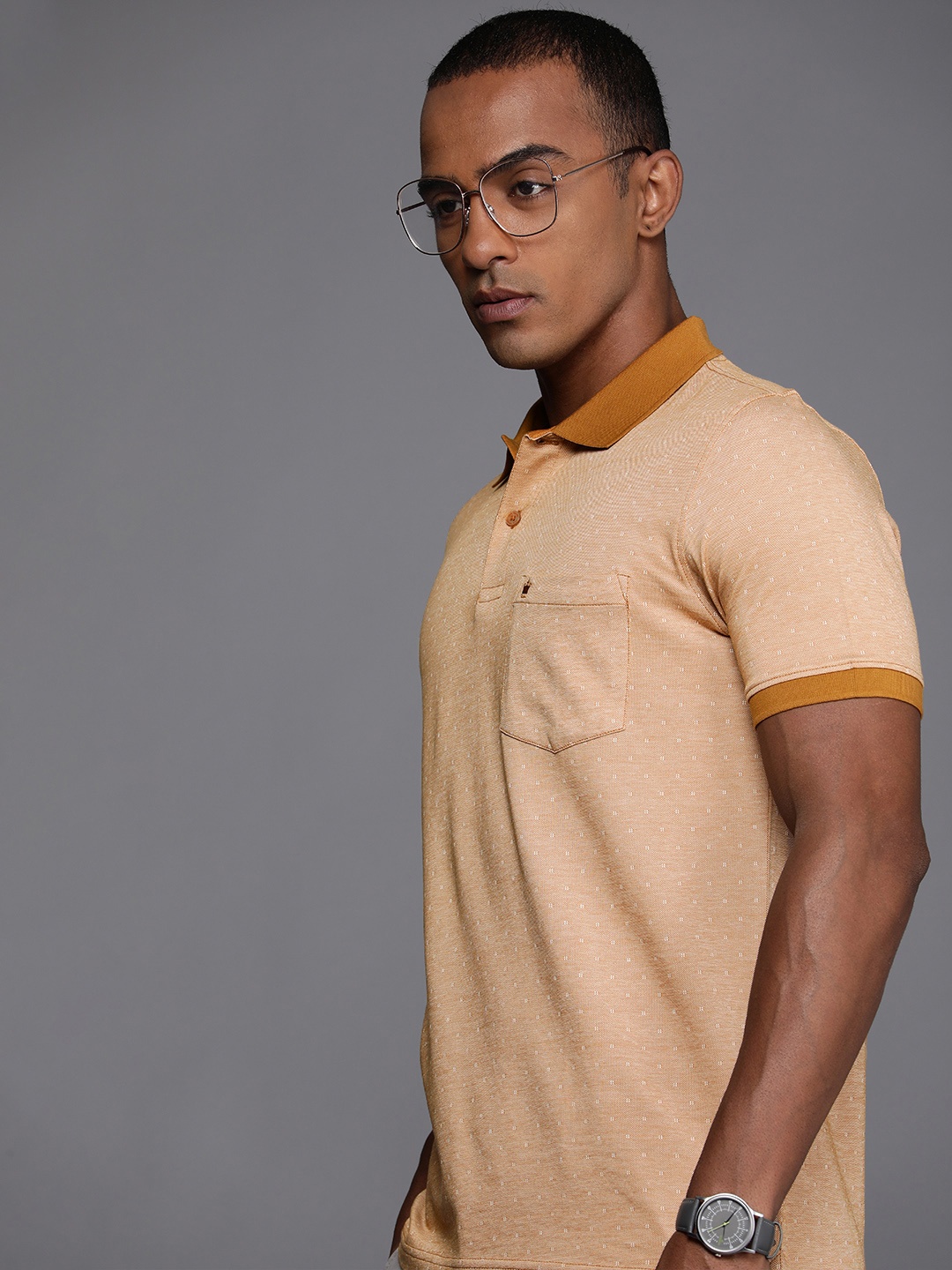 

Louis Philippe Self Design Polo Collar Pure Cotton Pocket T-shirt, Mustard