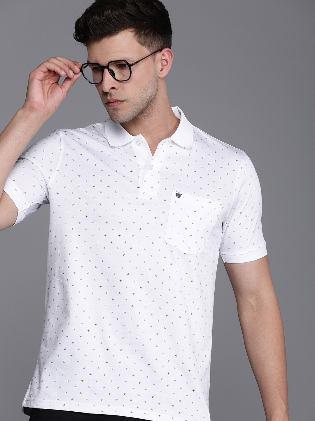 

Louis Philippe Pure Cotton Geometric Printed Polo Collar Pocket T-shirt, White