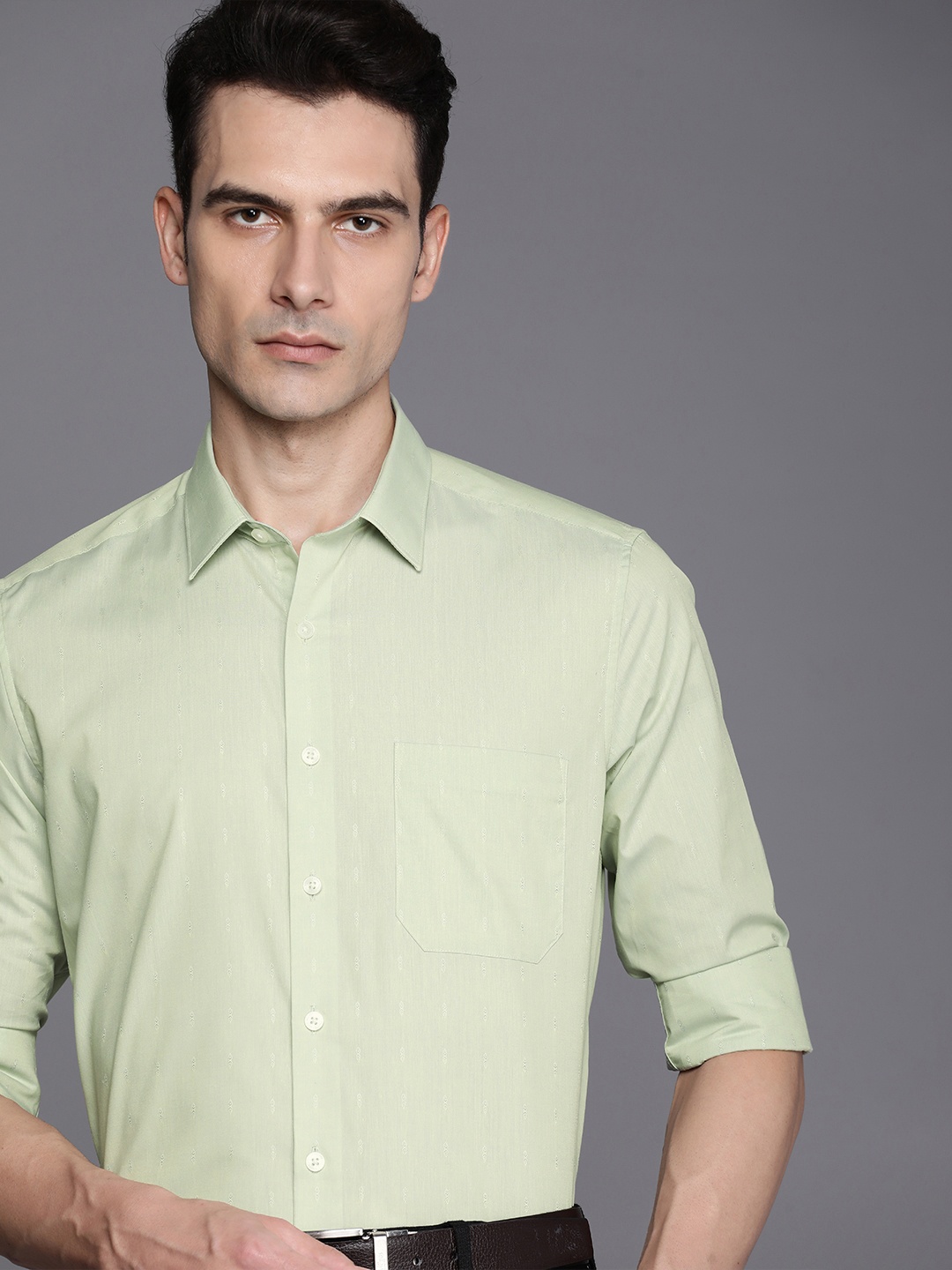 

Louis Philippe Pure Cotton Self Design Textured Slim Fit Formal Shirt, Green
