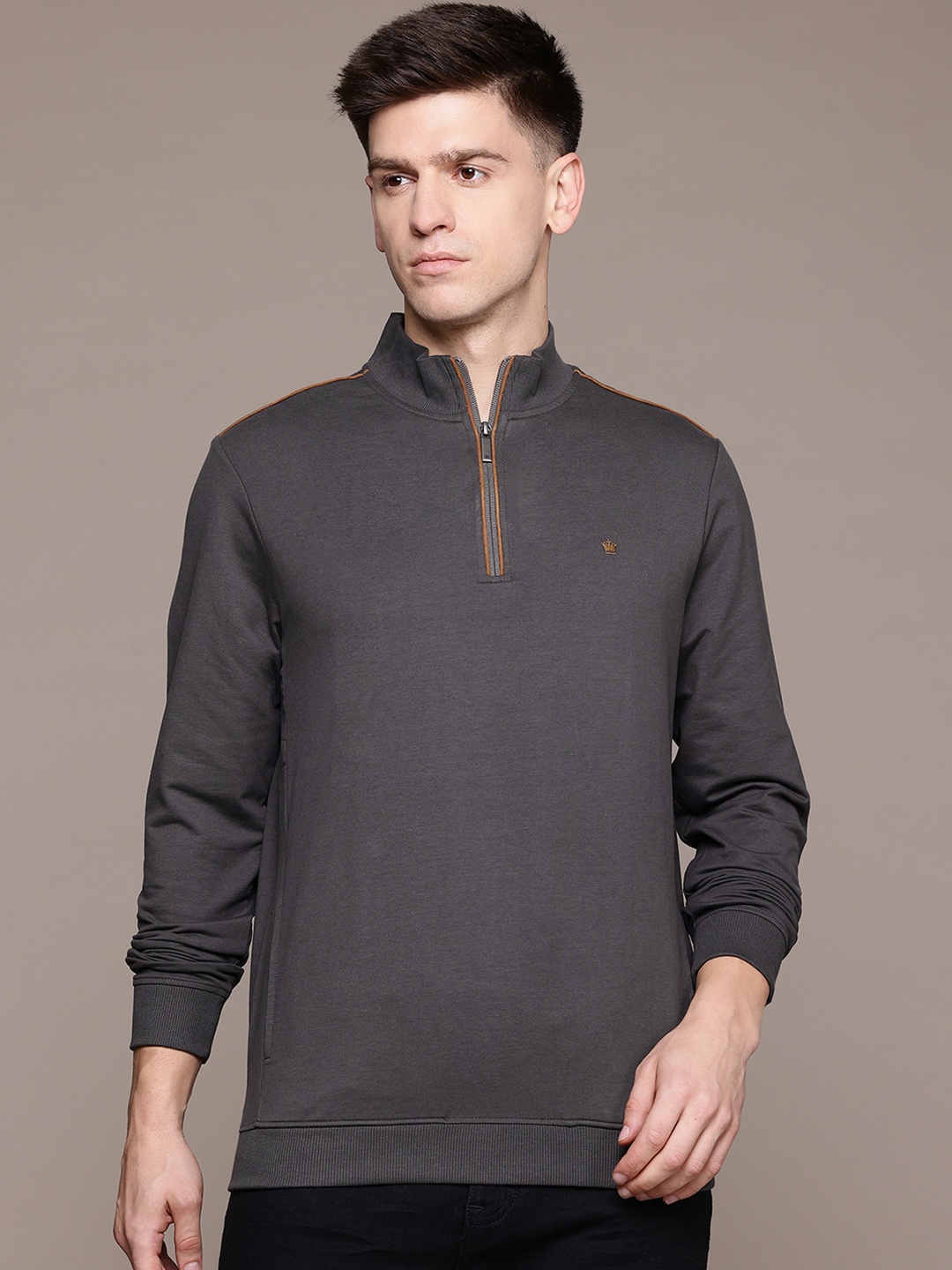 

Louis Philippe Mock Collar Half Zipper Pullover Sweatshirt, Grey