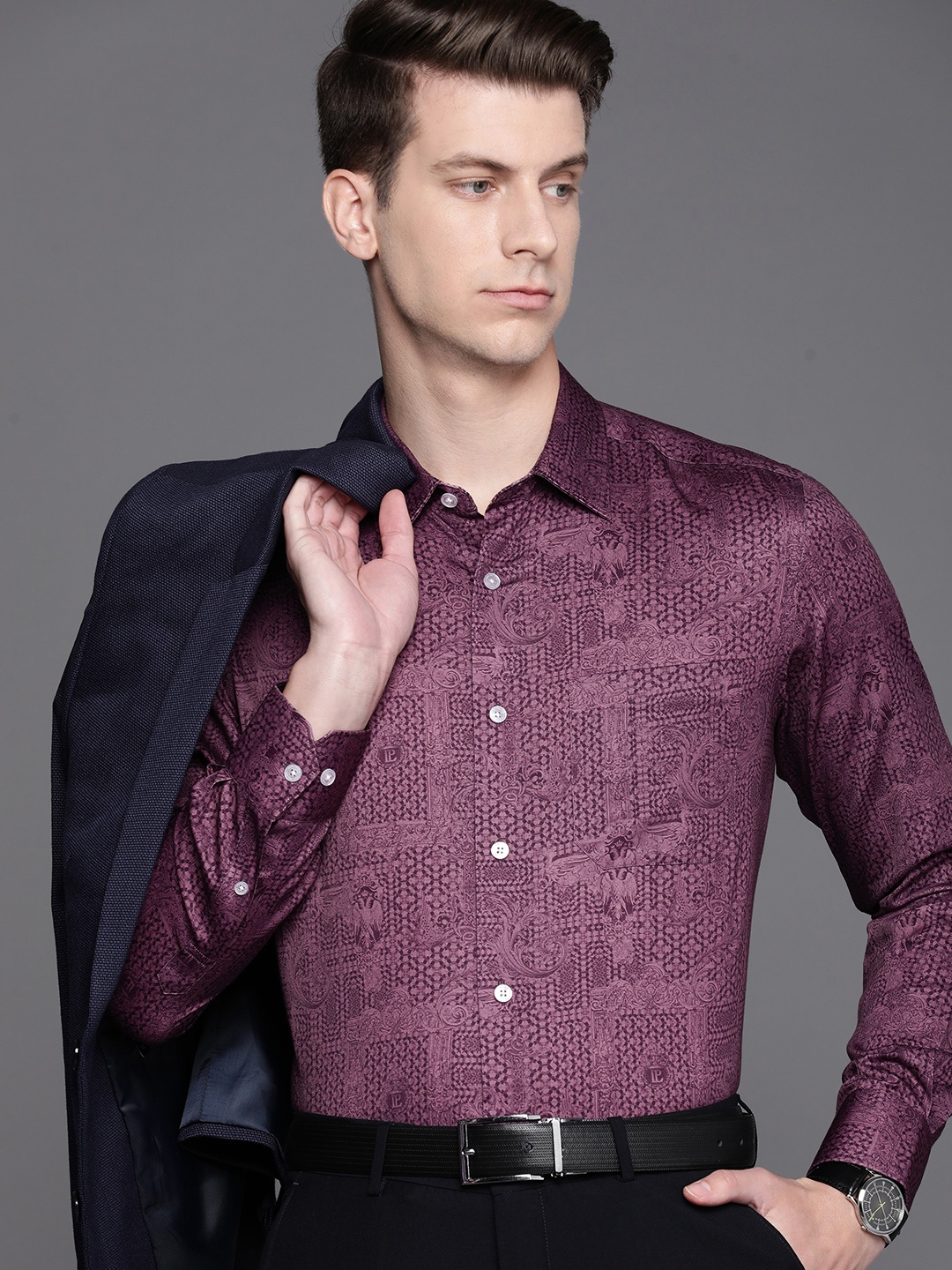 

Louis Philippe Ethnic Motifs Printed Classic Fit Pure Cotton Formal Shirt, Purple