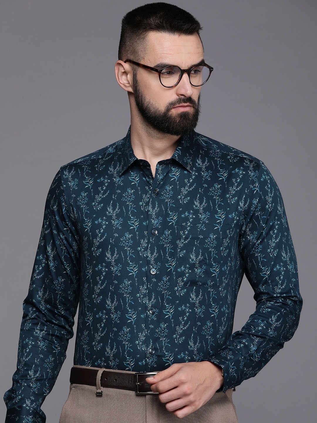 Louis Philippe Pure Cotton Slim Fit Floral Printed Formal Shirt, Navy blue