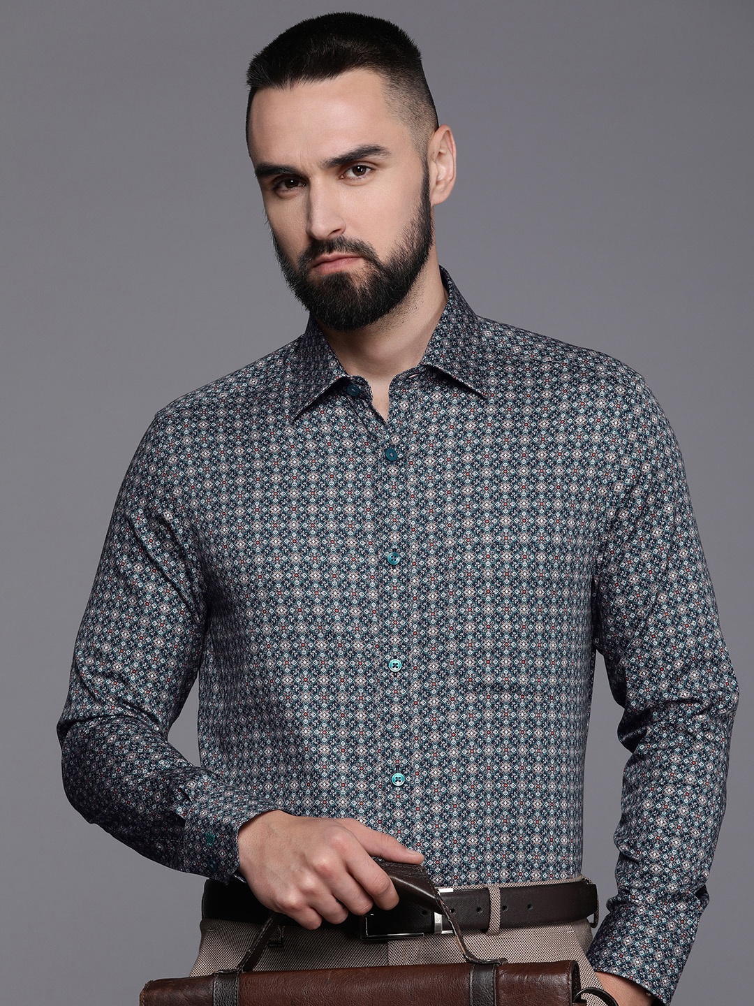 

Louis Philippe Classic Fit Ethnic Motifs Printed Pure Cotton Formal Shirt, Teal