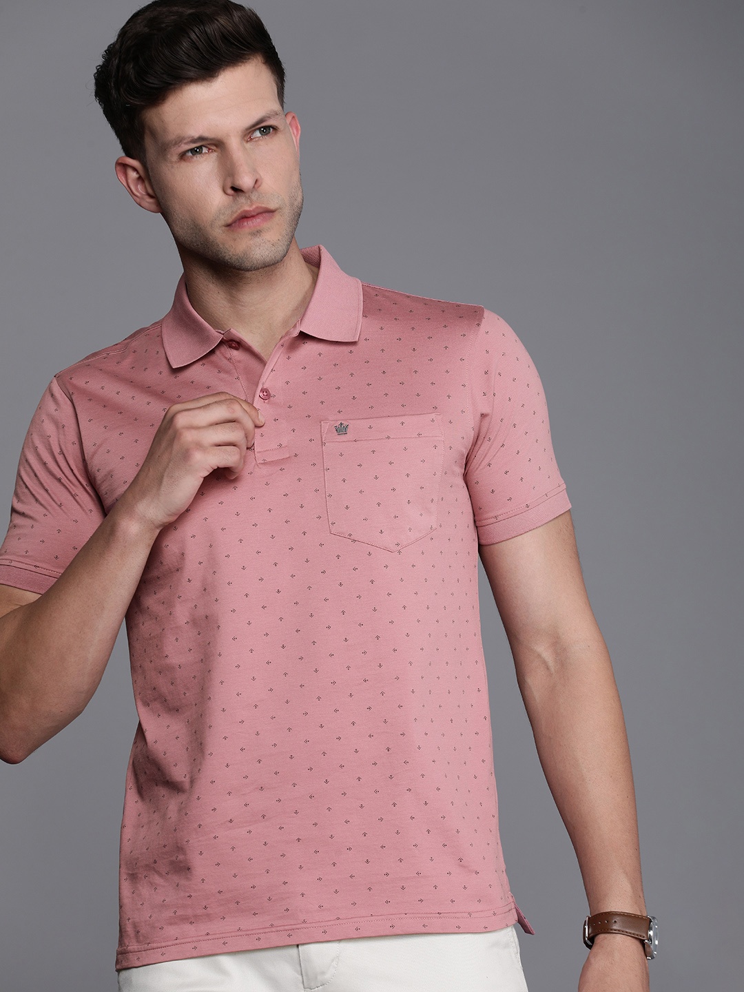 

Louis Philippe Pure Cotton Geometric Printed Polo Collar Pocket T-shirt, Mauve