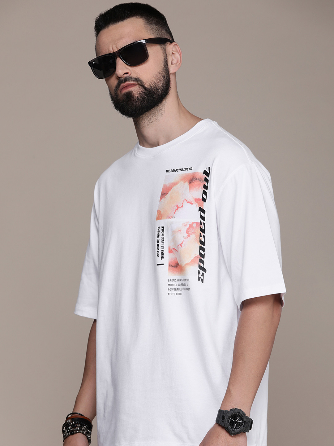 

Roadster Men Printed Drop-Shoulder Sleeves Pure Cotton T-shirt, White