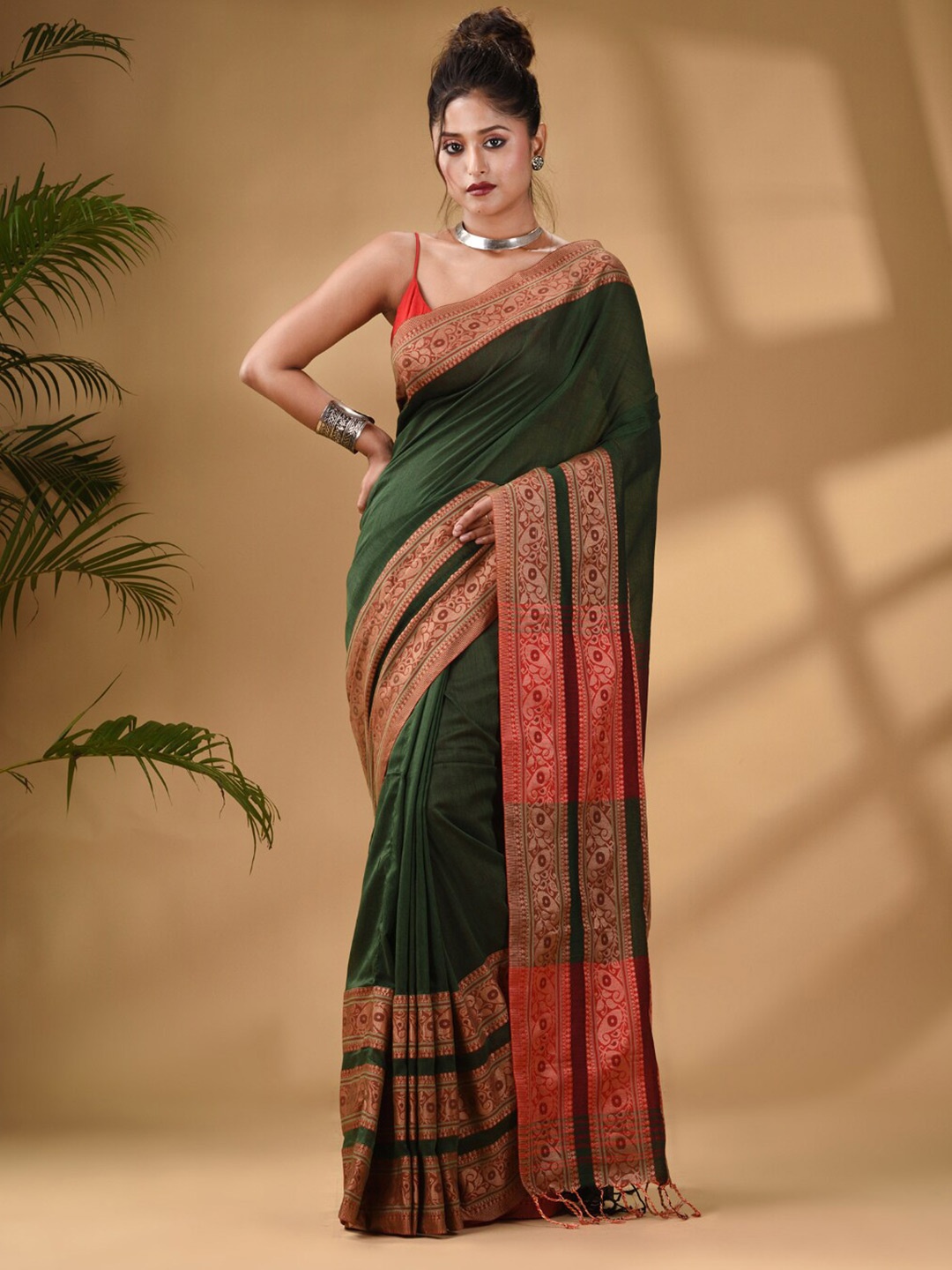 

Arhi Ethnic Motifs Woven Design Zari Pure Cotton Saree, Green