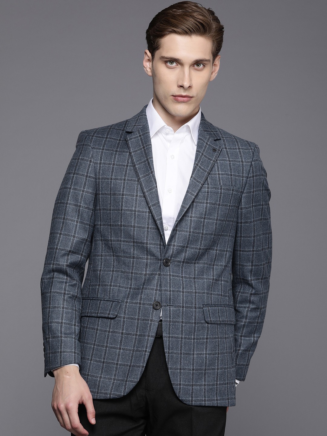 

Louis Philippe Pure Wool Checked Single-Breasted Regular Fit Formal Blazer, Navy blue