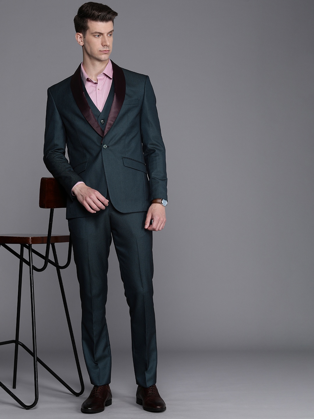 

Louis Philippe Self Design Single-Breasted Formal Blazer And Waistcoat With Trousers, Teal