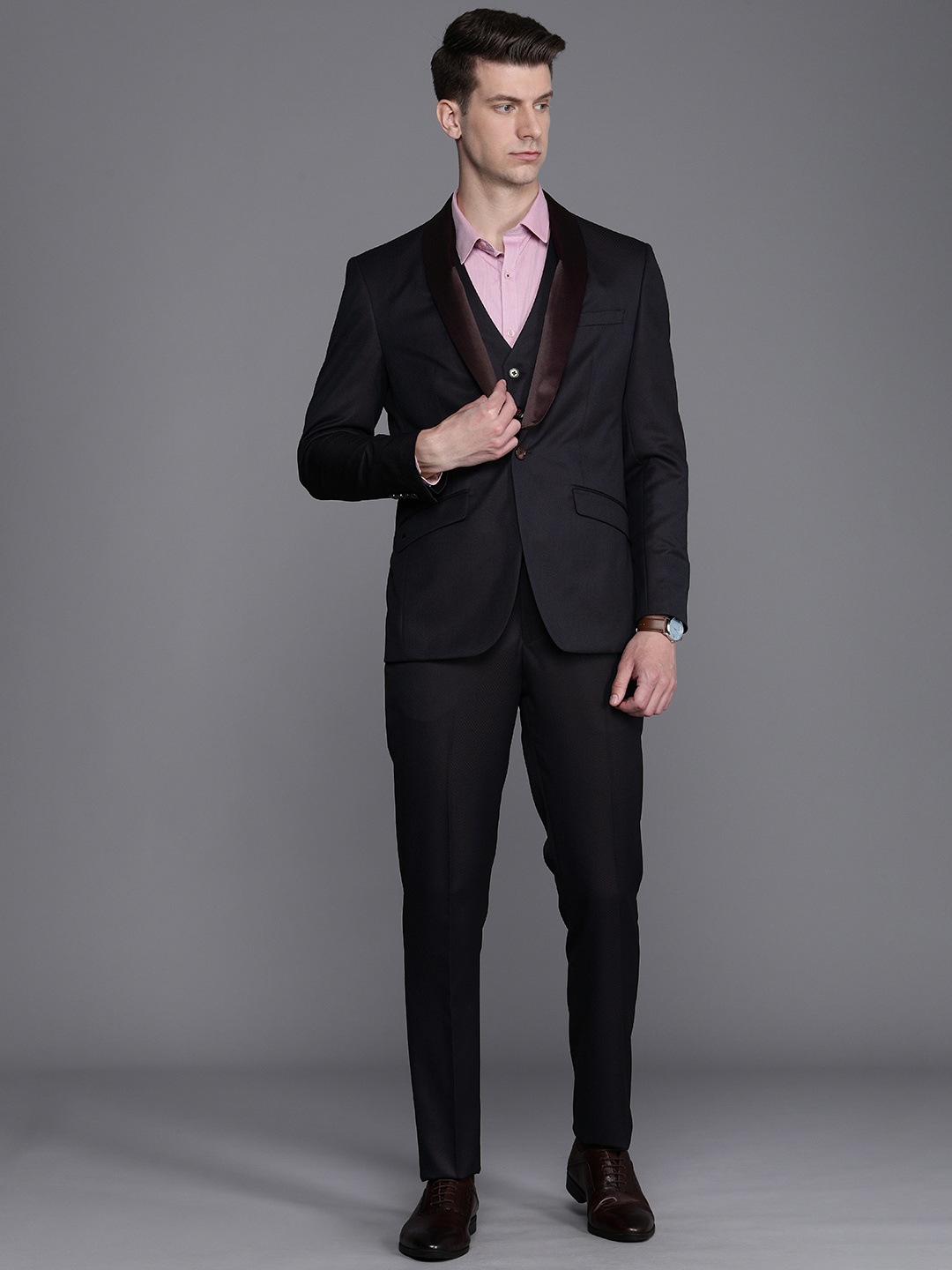 

Louis Philippe Self Design Single-Breasted Formal Blazer And Waistcoat With Trousers, Brown