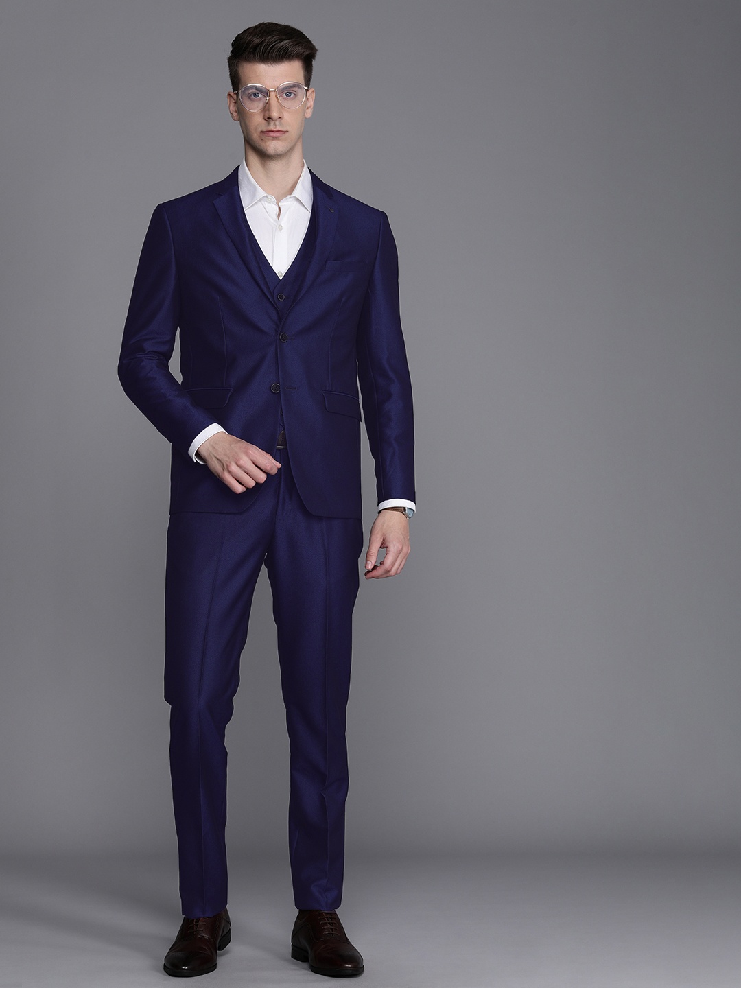 

Louis Philippe Self Design Slim-Fit Single-Breasted Three-Piece Formal Suit, Blue