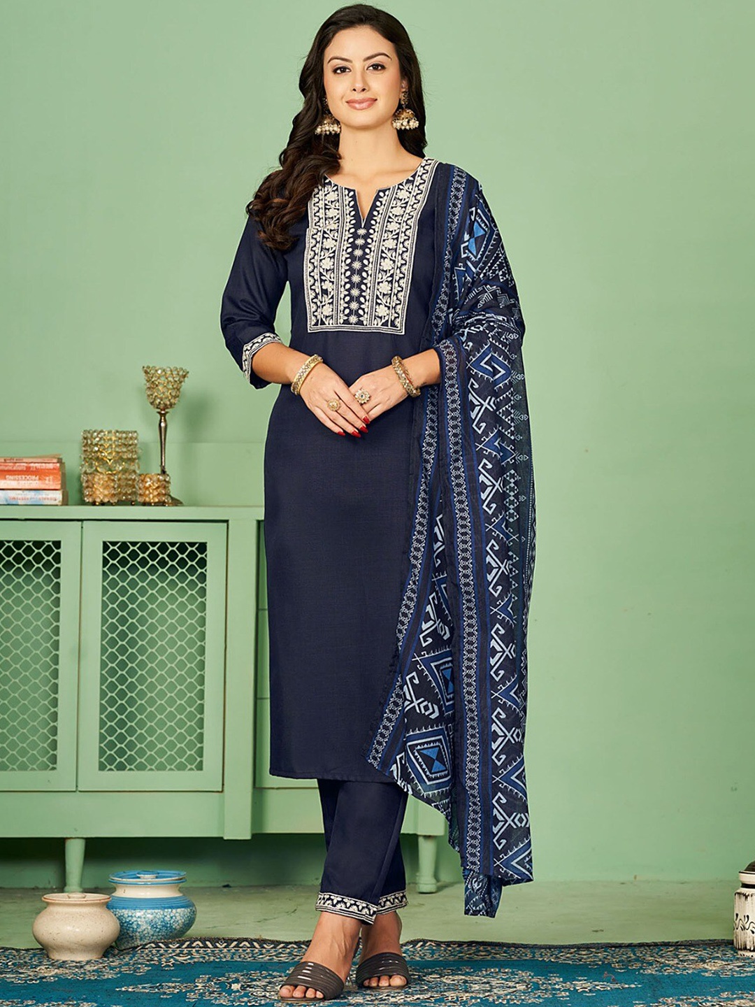 

KALINI Ethnic Motifs Yoke Design Thread Work Straight Kurta & Trousers With Dupatta, Navy blue