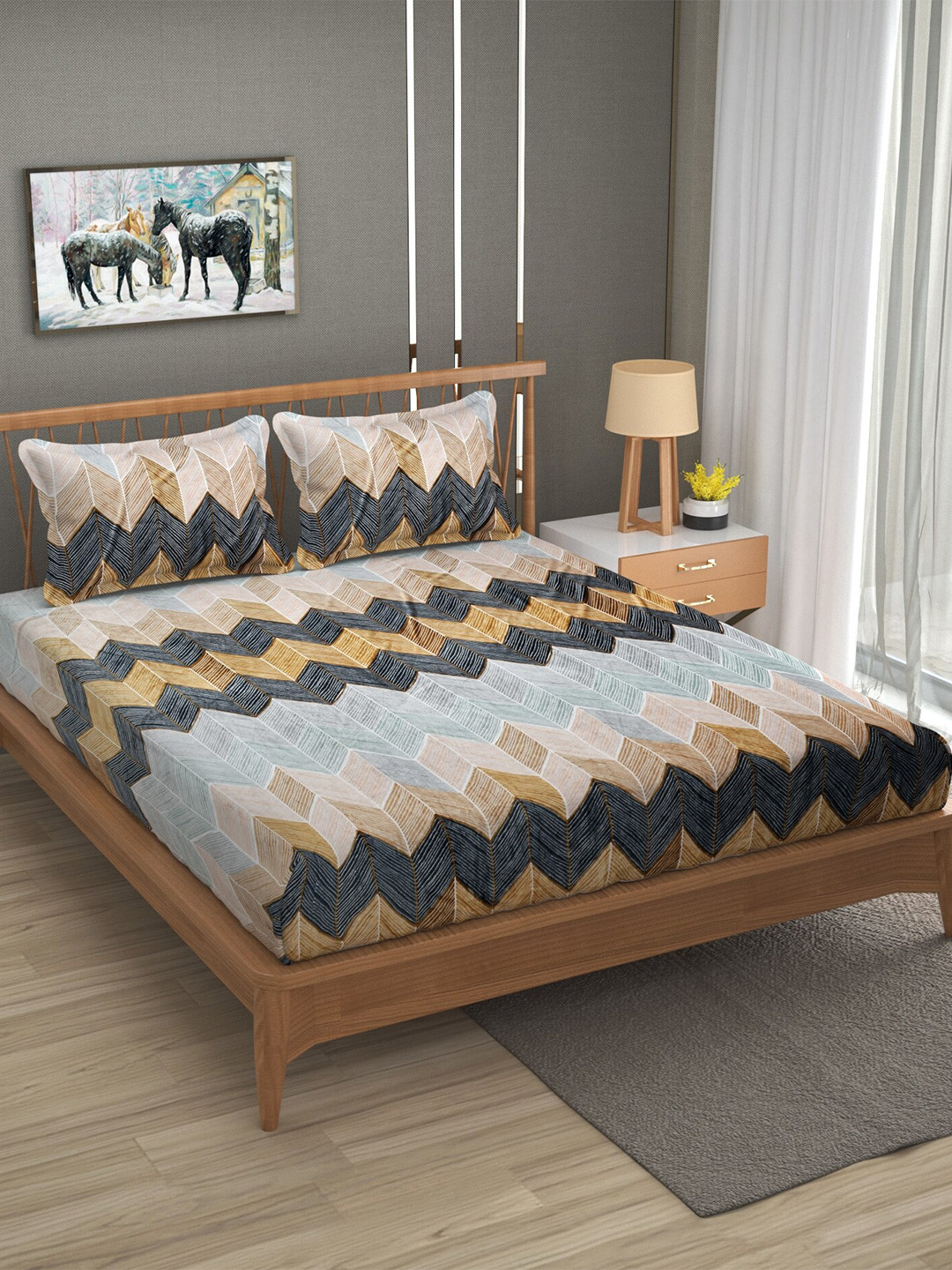 

Stylespace by Isha Grey & Blue Geometric Velvet 330 TC King Bedsheet with 2 Pillow Covers