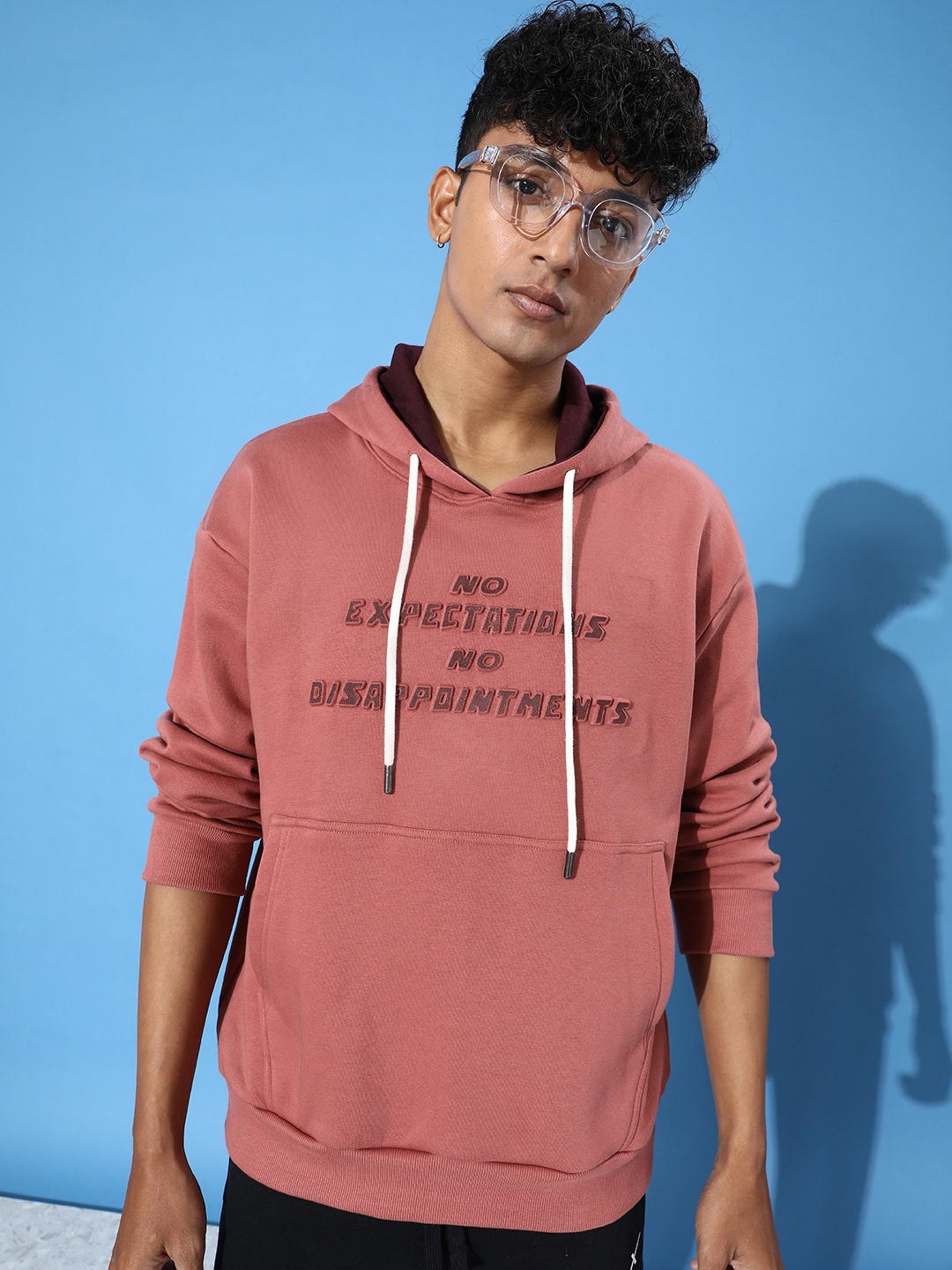 

Difference of Opinion Men Typography Oversized Fleece Hooded Sweatshirt, Pink