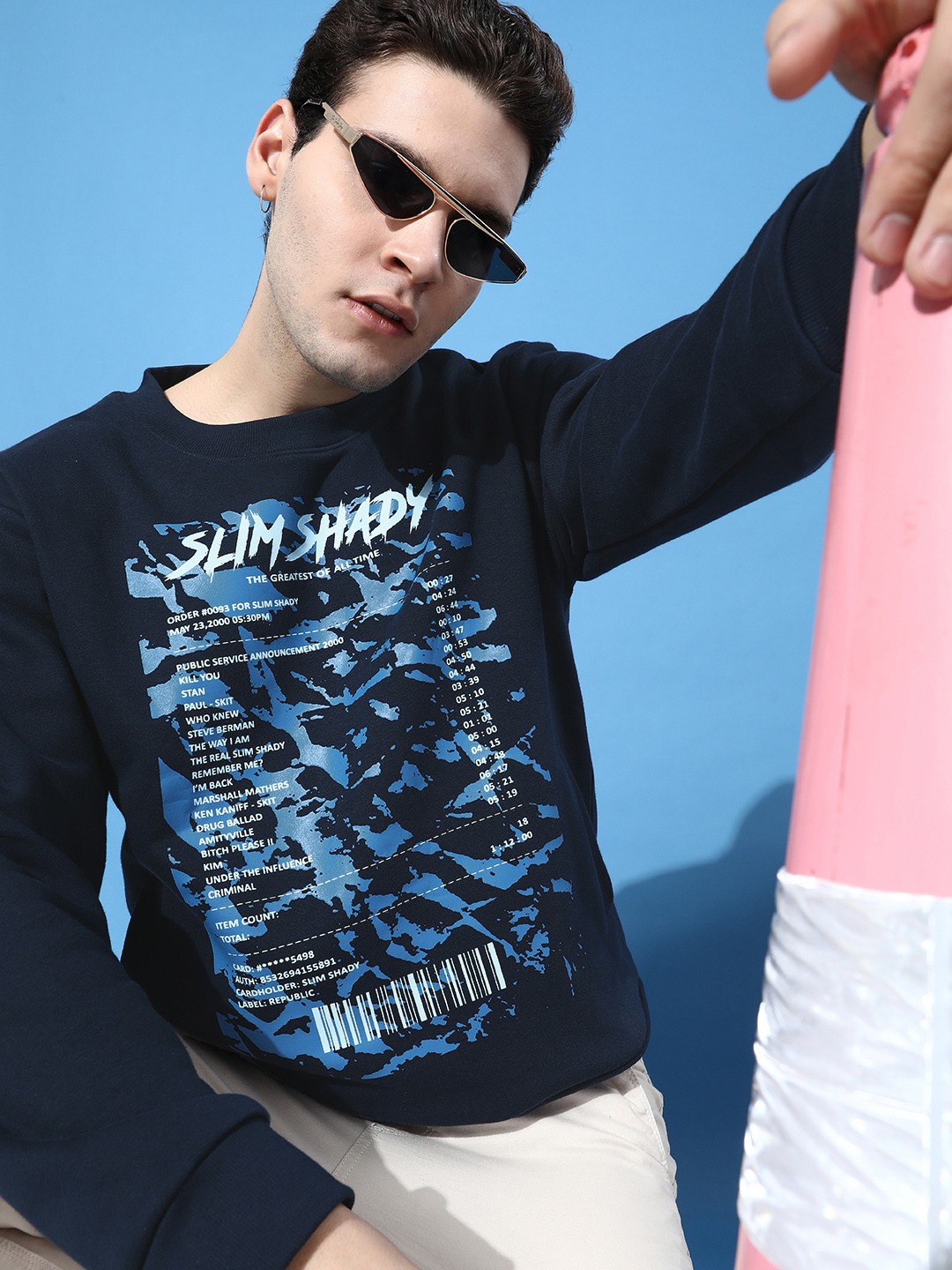 

Difference of Opinion Men Printed Oversized Fleece Sweatshirt, Navy blue
