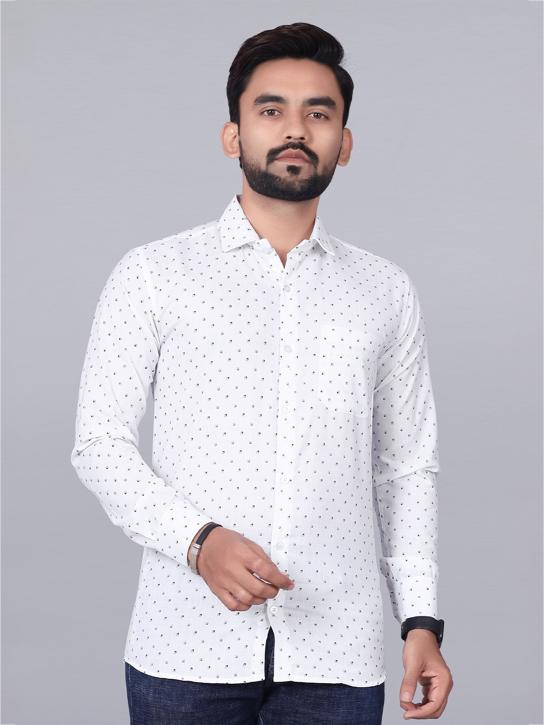 

Bought First Premium Micro Ditsy Printed Organic Cotton Casual Shirt, White