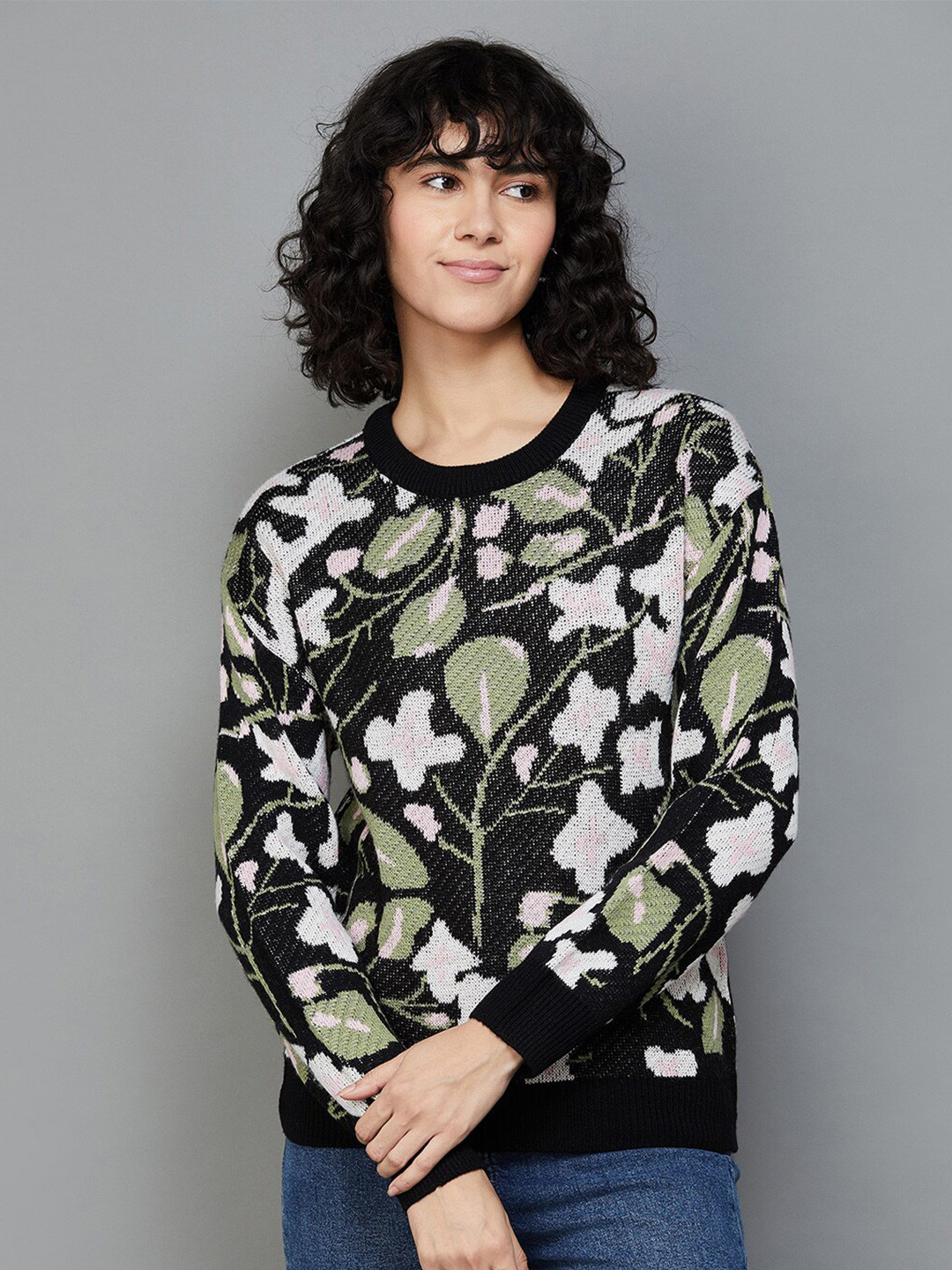 

Fame Forever by Lifestyle Floral Printed Acrylic Pullover, Black