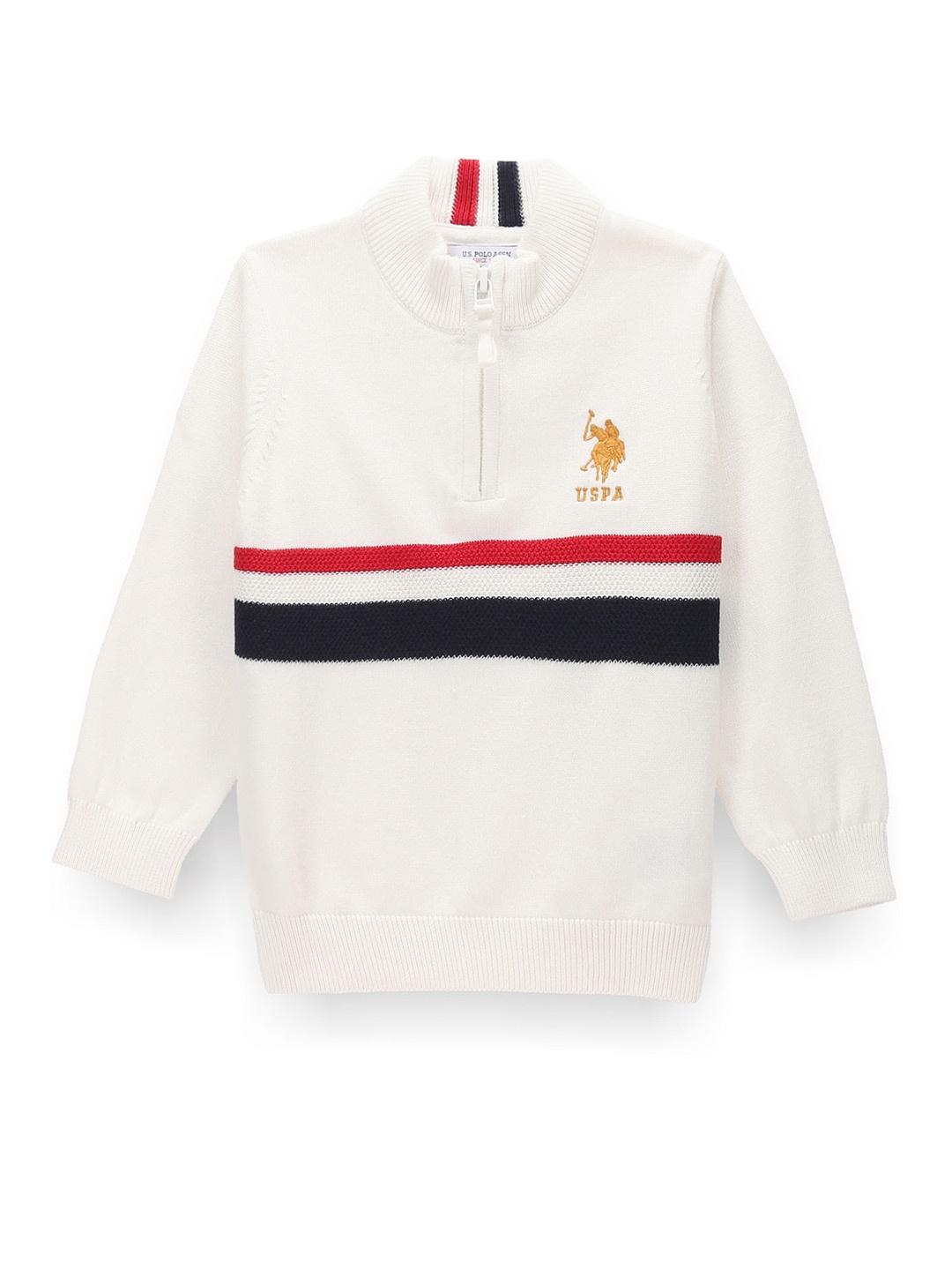 

U.S. Polo Assn. Kids Boys Striped Mock Collar Pure Cotton Pullover, White