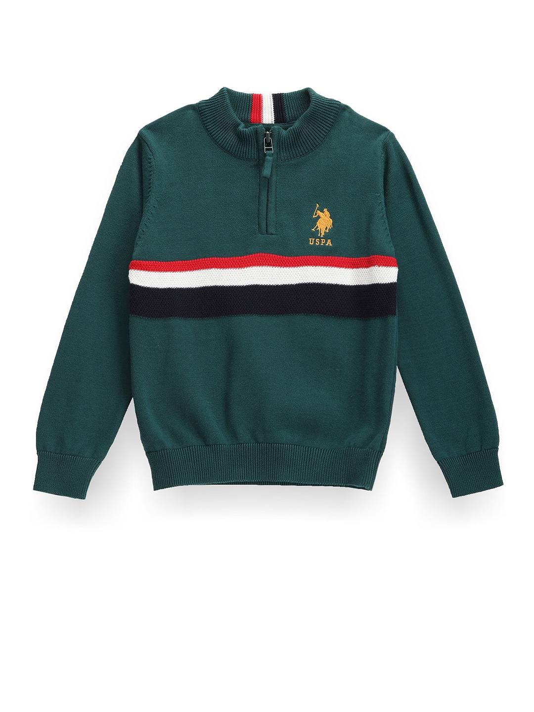 

U.S. Polo Assn. Kids Boys Striped Mock Collar Pure Cotton Pullover, Green