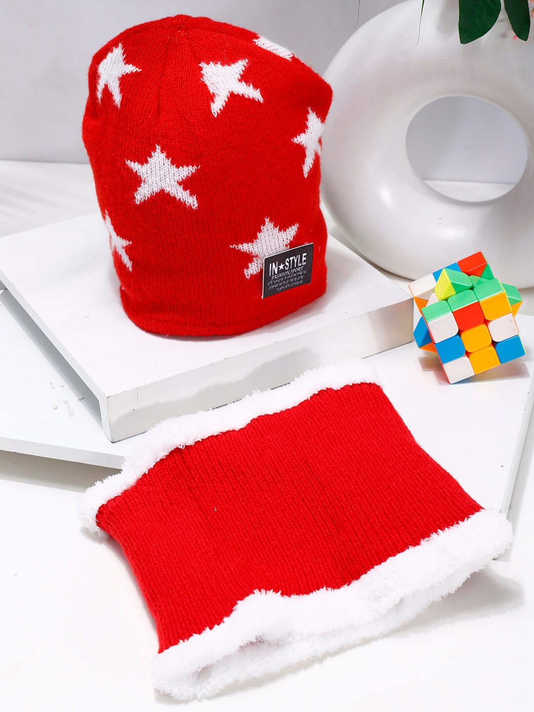 

PASSION PETALS Kids Printed Woollen Beanie With Scarf, Red
