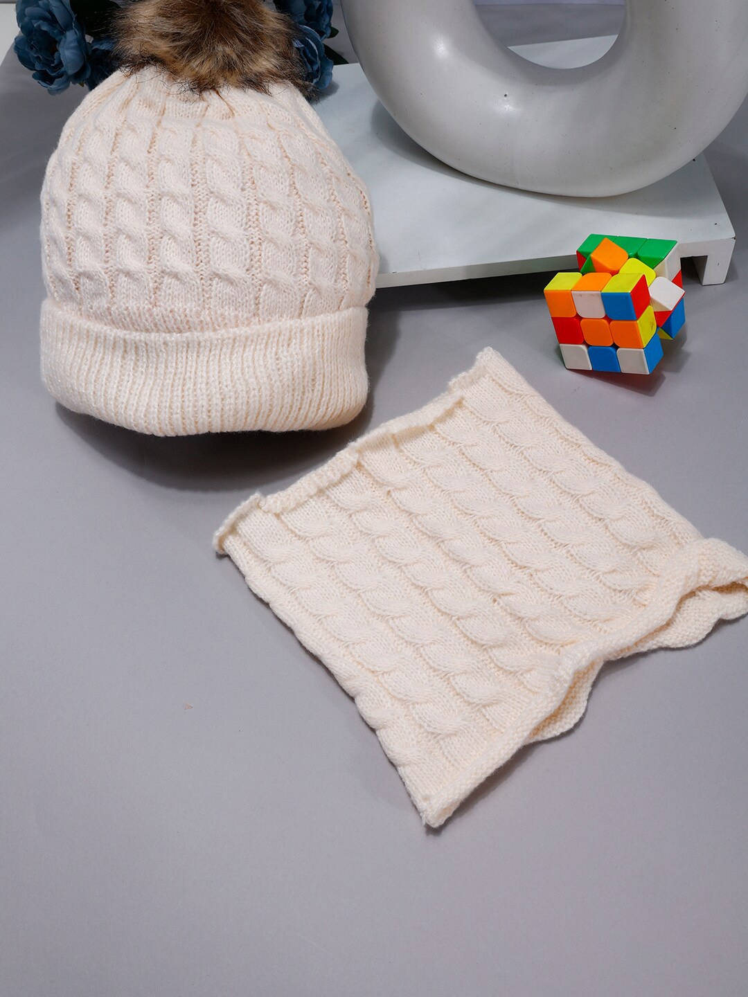 

PASSION PETALS Kids Self Designed Beanie With Scarf, Beige