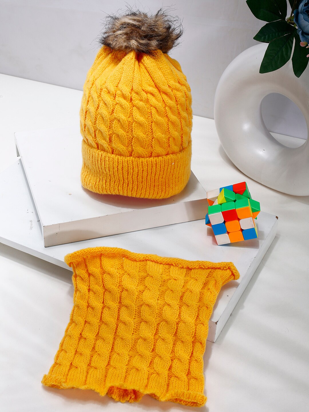 

PASSION PETALS Kids Woollen Beanie With Scarf, Yellow