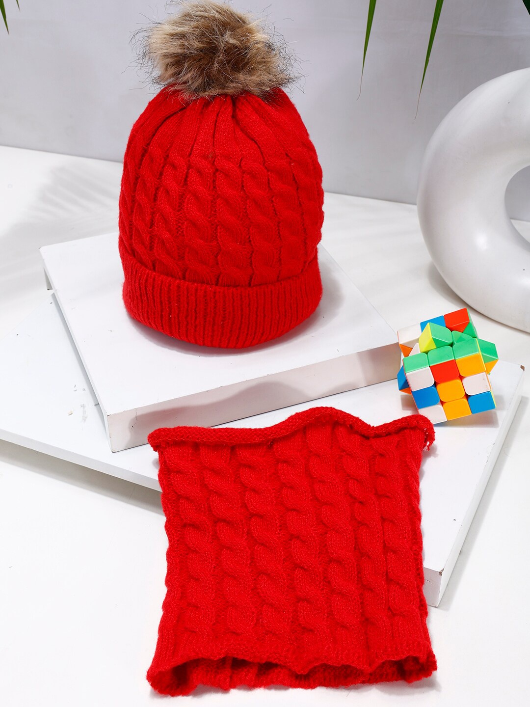 

PASSION PETALS Kids Self Design Woollen Beanie With Scarf, Red