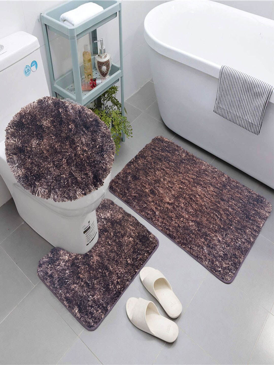 

LUXEHOME INTERNATIONAL Brown 3-Pieces Bath Rugs & Contour With Toilet Seat Cover Set, Coffee brown