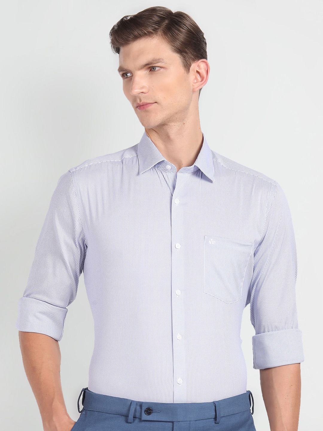

Arrow Slim Fit Micro Checks Spread Collar Long Sleeves Casual Shirt, White