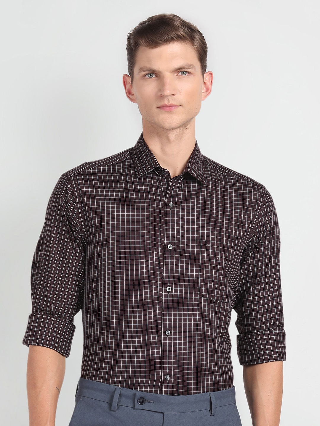 

Arrow Slim Fit Grid Tattersall Checks Twill Spread Collar Long Sleeves Cotton Casual Shirt, Brown