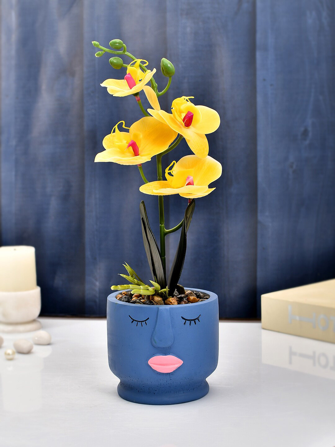

TAYHAA Yellow Orchid Artificial Flowers with Blue Face Planter