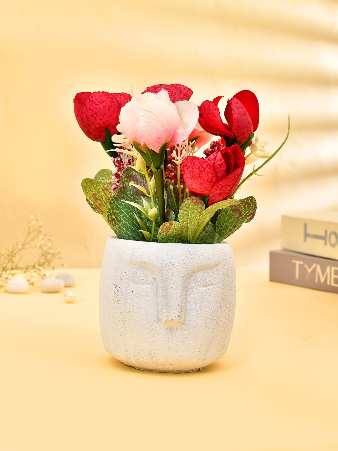 

TAYHAA White & Red Rose Plant With Ceramic Pot