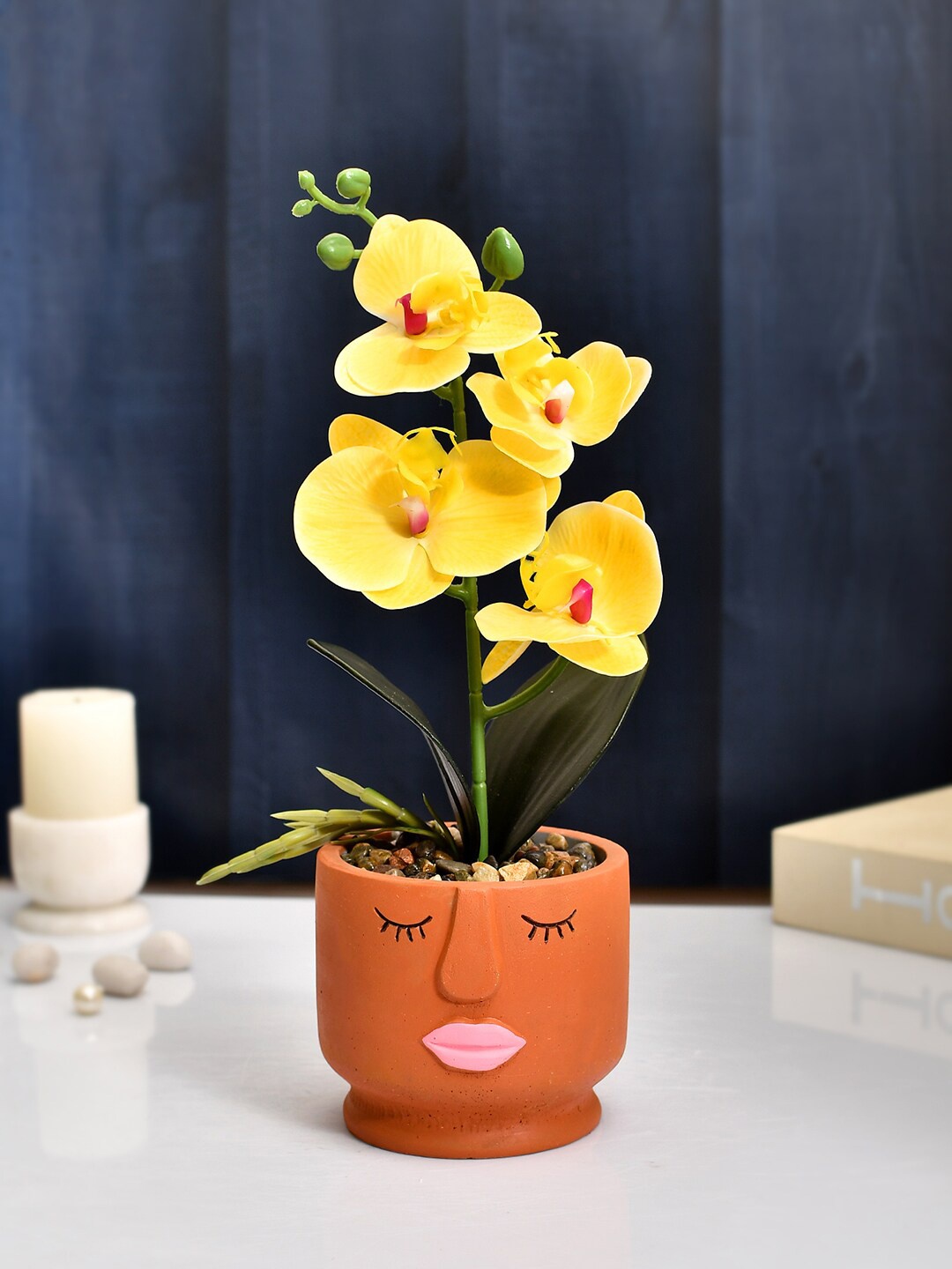 

TAYHAA Rust & Yellow Orchid Artificial Flowers With Rust Ceramic Pot