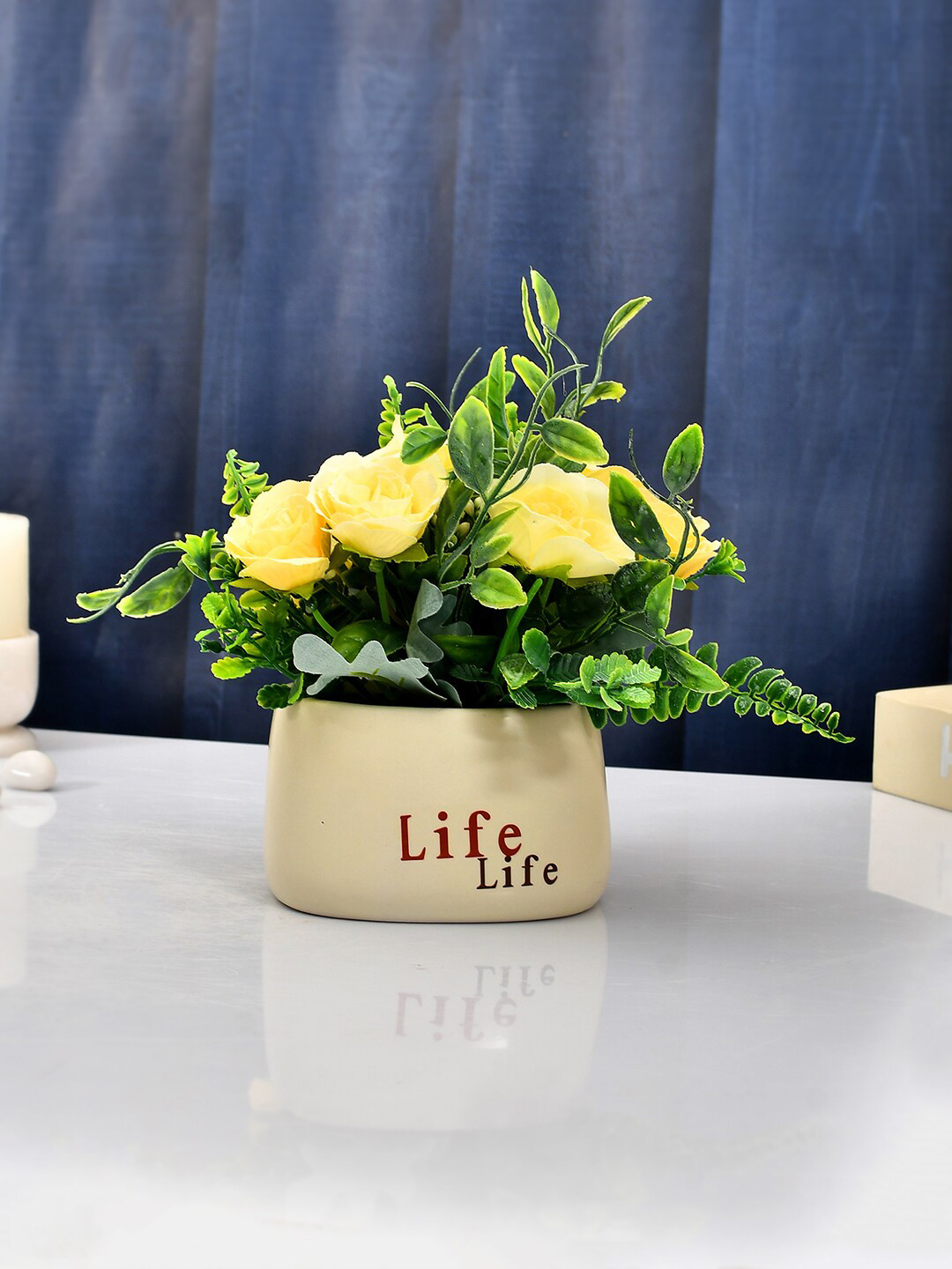

TAYHAA Cream & Yellow Rose Plant With Ceramic Pot