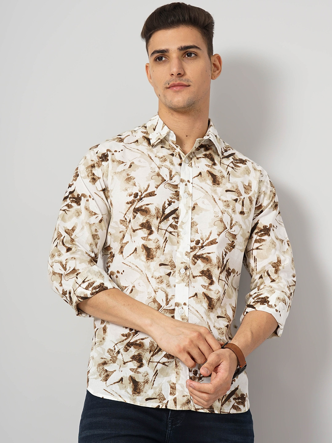 

Celio Classic Floral Printed Spread Collar Long Sleeves Cotton Casual Shirt, White