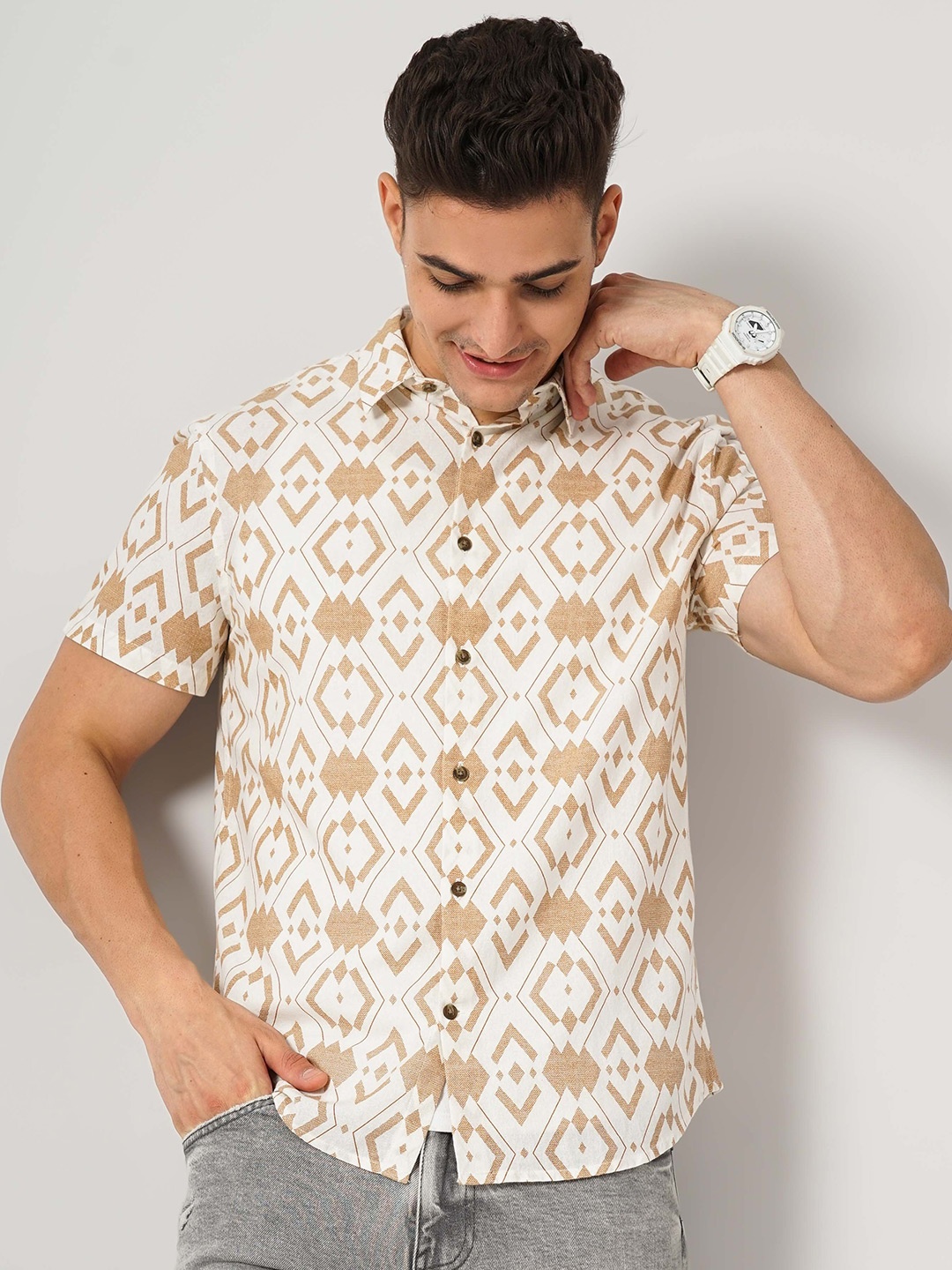 

Celio Classic Floral Printed Cotton Casual Shirt, Beige