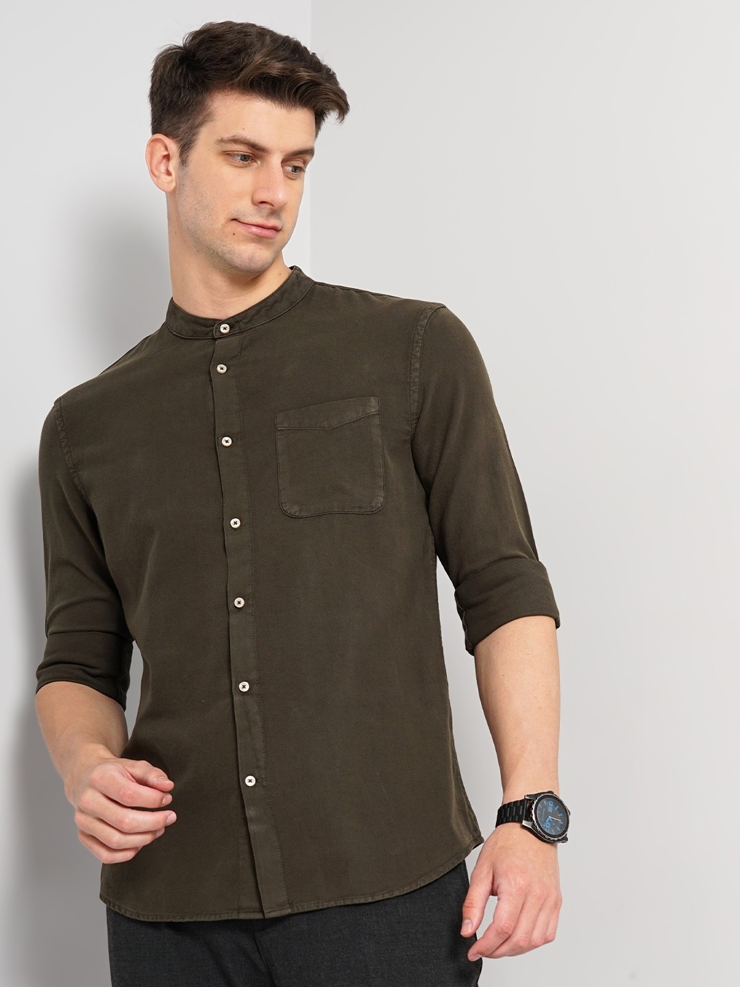 

Celio Classic Band Collar Cotton Casual Shirt, Olive