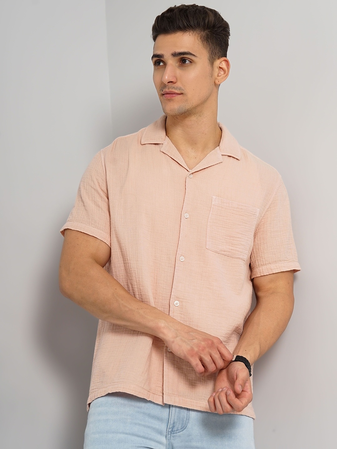 

Celio Cuban Collar Classic Regular Fit Opaque Cotton Casual Shirt, Peach
