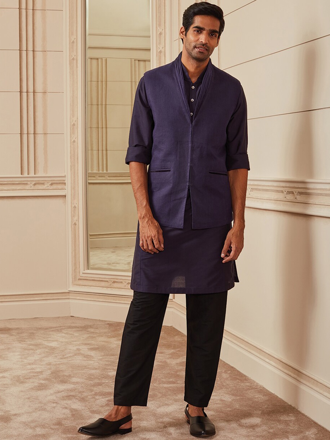 

Tasva Surplice Collar Nehru Jackets, Navy blue