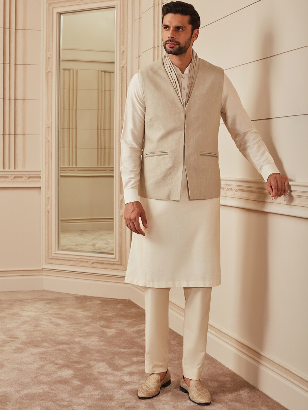 

Tasva Surplice Collar Nehru Jackets, Beige