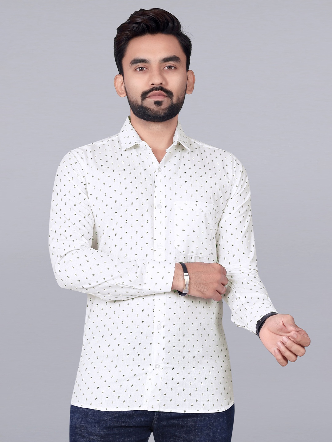 

Bought First Premium Micro Ditsy Printed Organic Cotton Casual Shirt, White