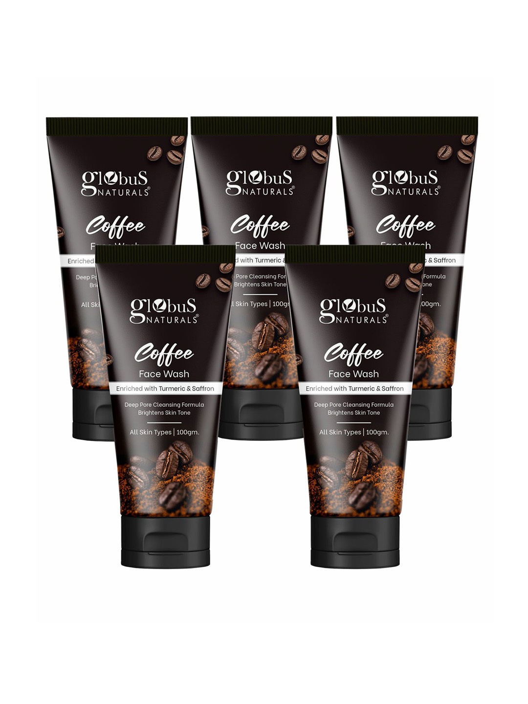 

Globus naturals Set of 5 Coffee Face Wash with Turmeric for Deep Pore Cleansing-100g Each, Coffee brown