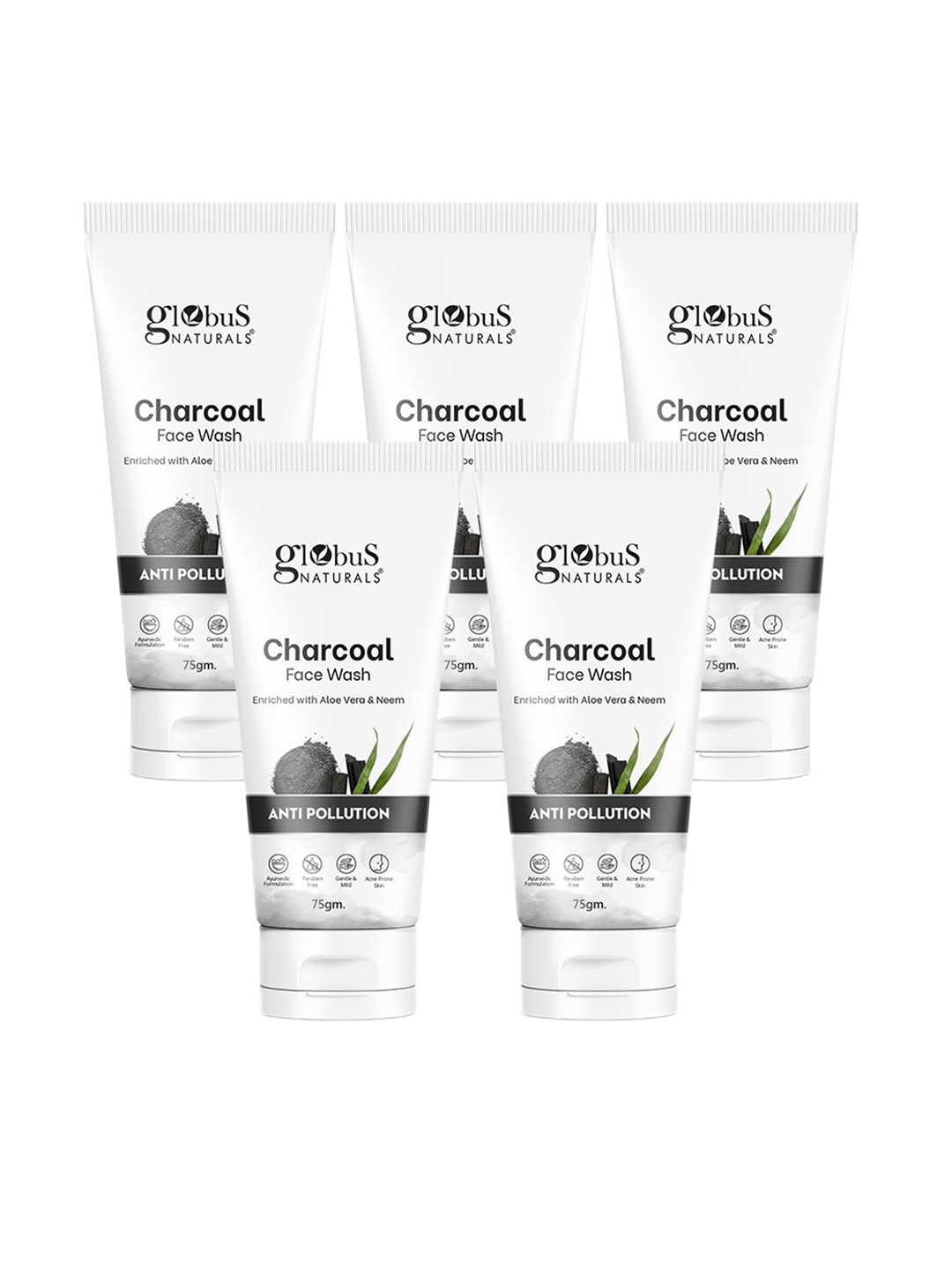 

Globus naturals Set Of 5 Anti Pollution Charcoal Face Wash - 75g Each, White