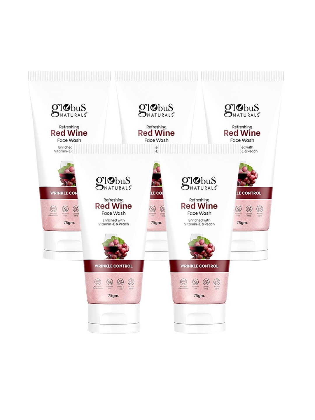 

Globus naturals Set of 5 Refreshing Red Wine Face Wash with Vitamin E & Peach - 75 g each, White