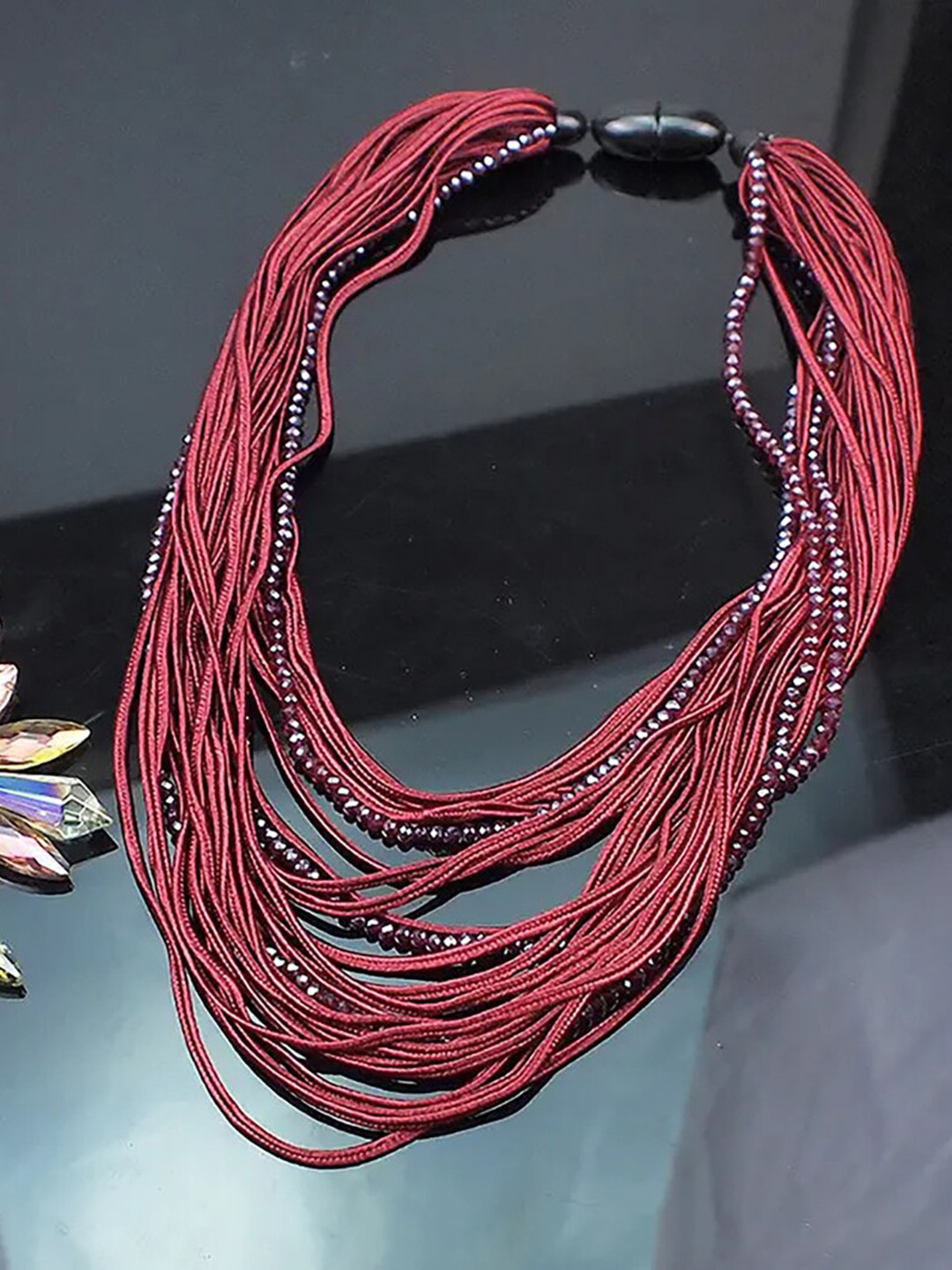 

CHOKORE Ribbon & Bead Boho Necklace, Maroon